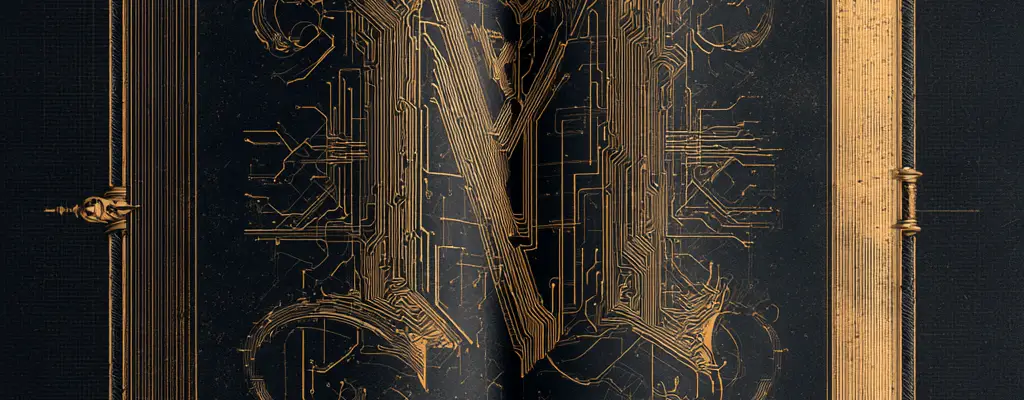 Illuminated manuscript spread ornamented with circuit traces