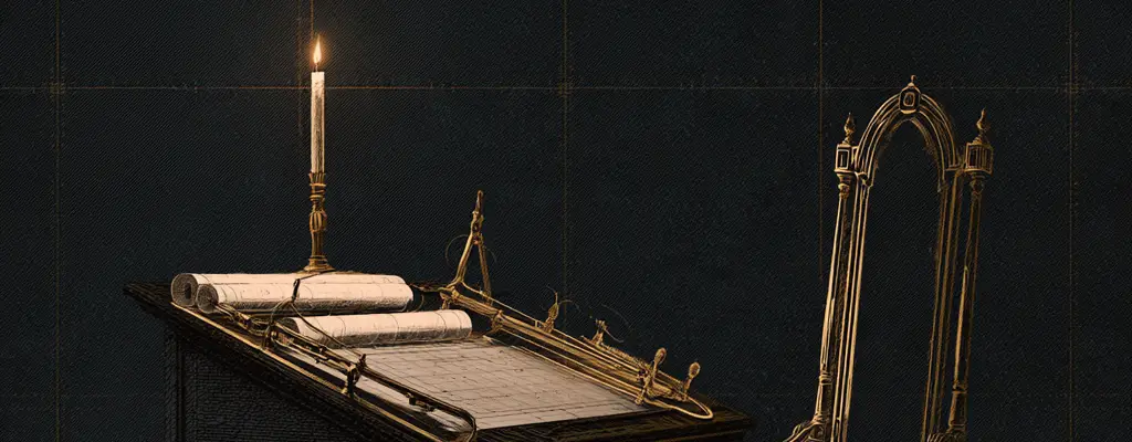 The Founder's drafting desk with a candle and blueprint scrolls